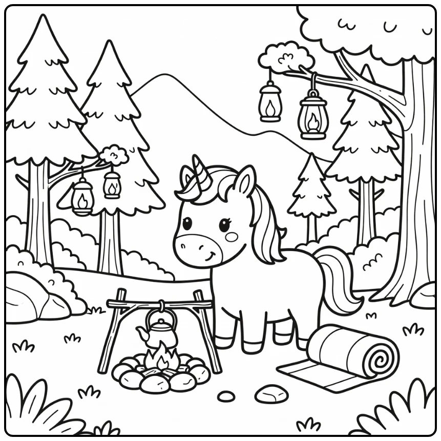 Curious unicorn at campsite campfire - unicorn coloring pages
