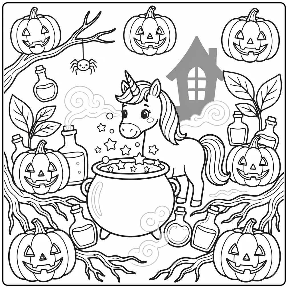 unicorn peeking cauldron unicorn halloween coloring page
