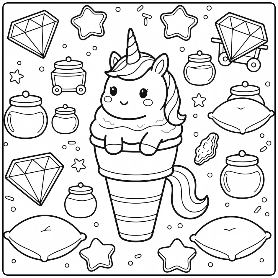 unicorn ice cream coloring page: unicorn in waffle cone