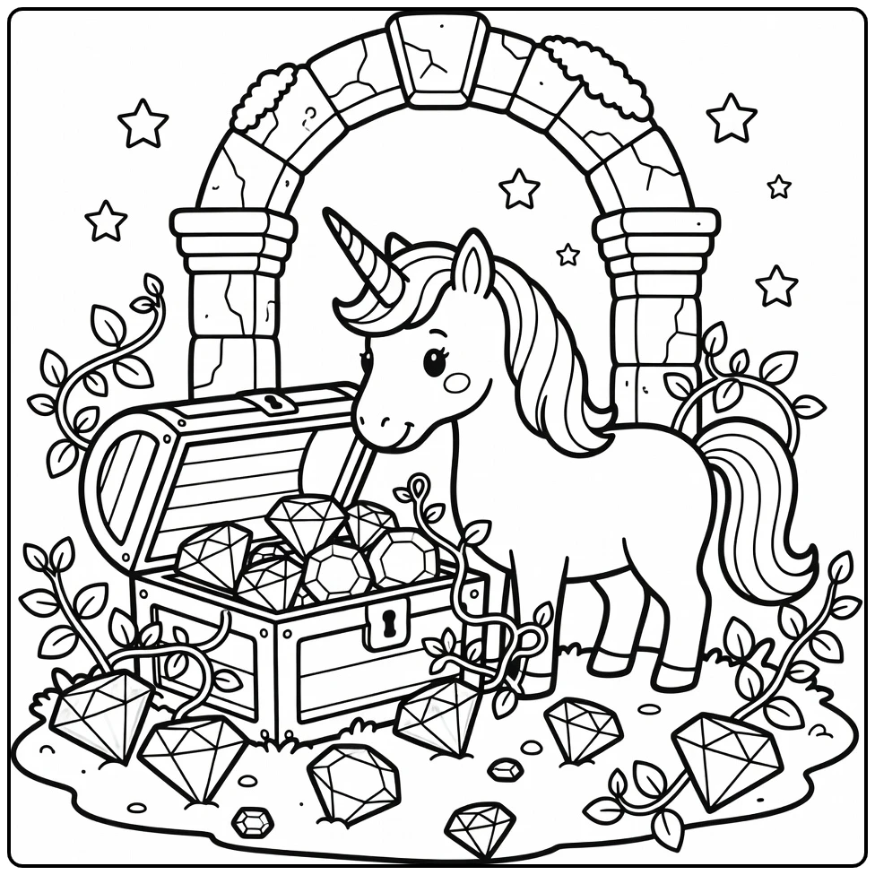 Curious unicorn at treasure chest in ruins unicorn coloring pages