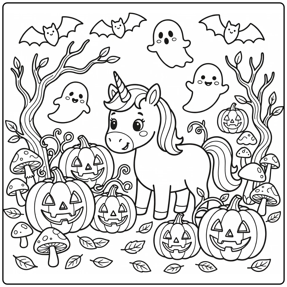 Curious unicorn taps pumpkin: unicorn halloween coloring page