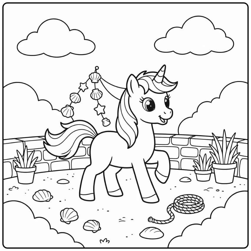 Unicorn pony coloring page: funny pose shaking shell wind chime