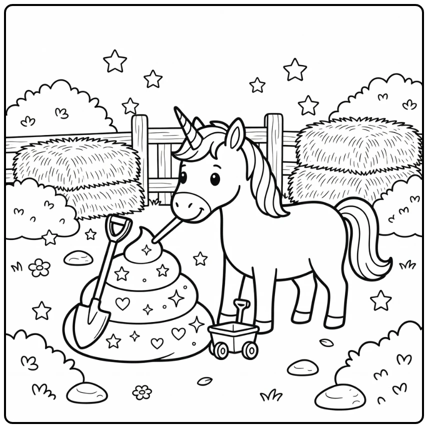 Unicorn poop coloring page: playful unicorn, sparkly pile, cart