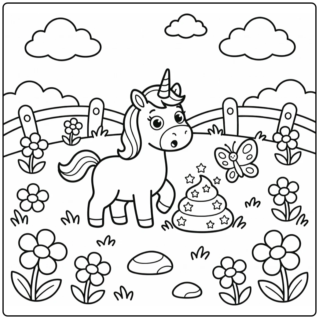 unicorn poop coloring page: surprised unicorn at starry swirl