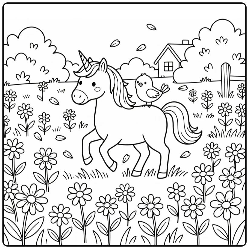Prancing unicorn with bird in daisies unicorn coloring pages