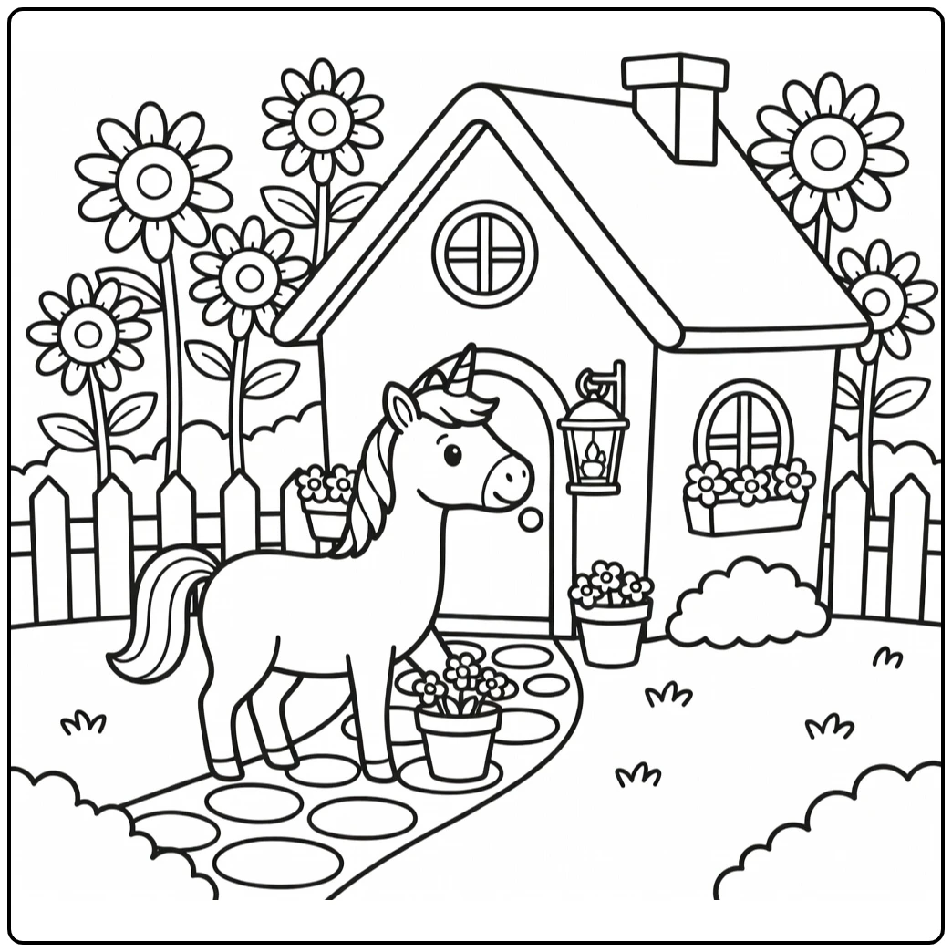 Curious unicorn at cozy cottage lantern: unicorn house coloring page