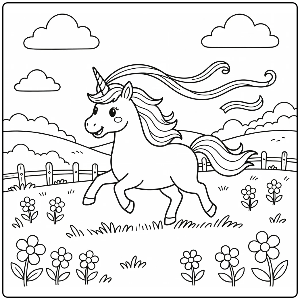 Unicorn chasing streamer in meadow unicorn coloring pages