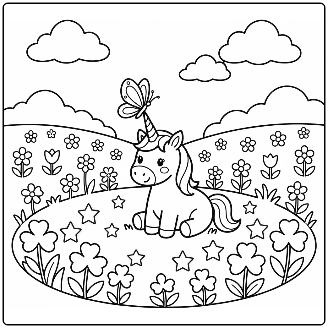 Magical unicorn with butterfly on horn in starry meadow unicorn coloring pages