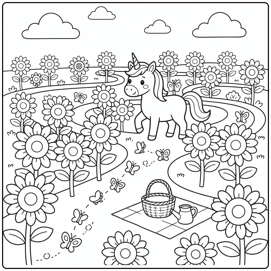 Unicorn summer coloring page: peeking over sunflower maze