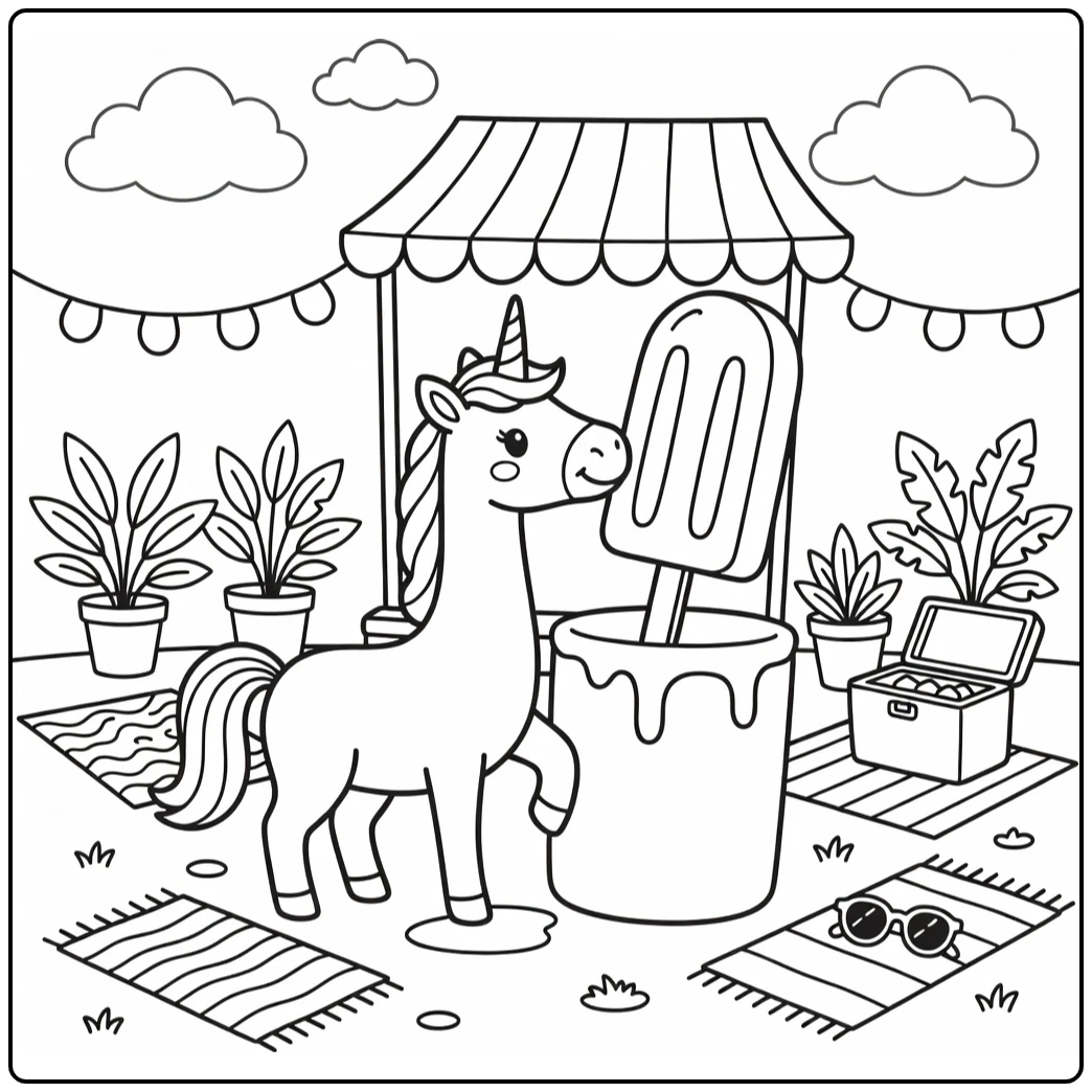 Unicorn summer coloring page: sniffing melting popsicle at cart