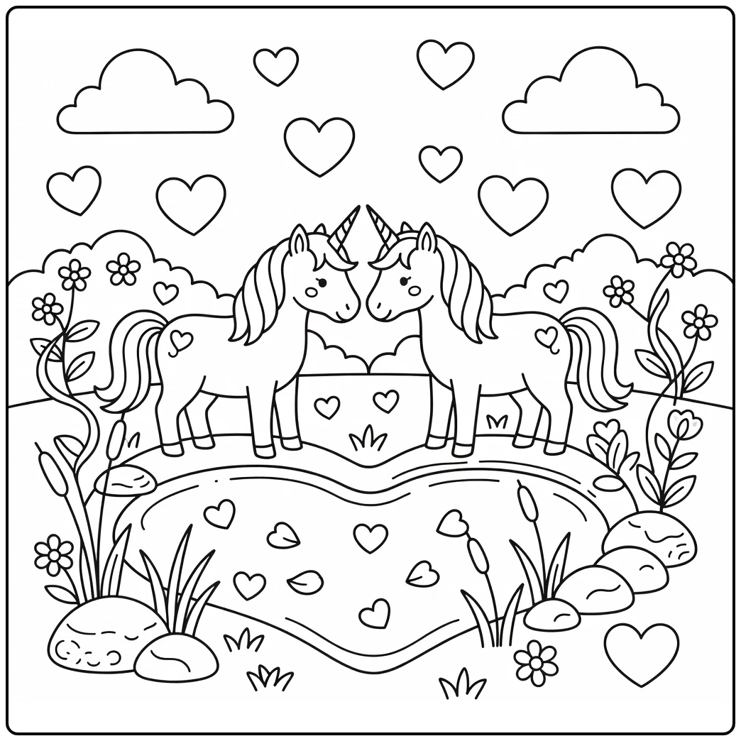 Unicorn valentines coloring page: unicorns nose-to-nose by heart pond