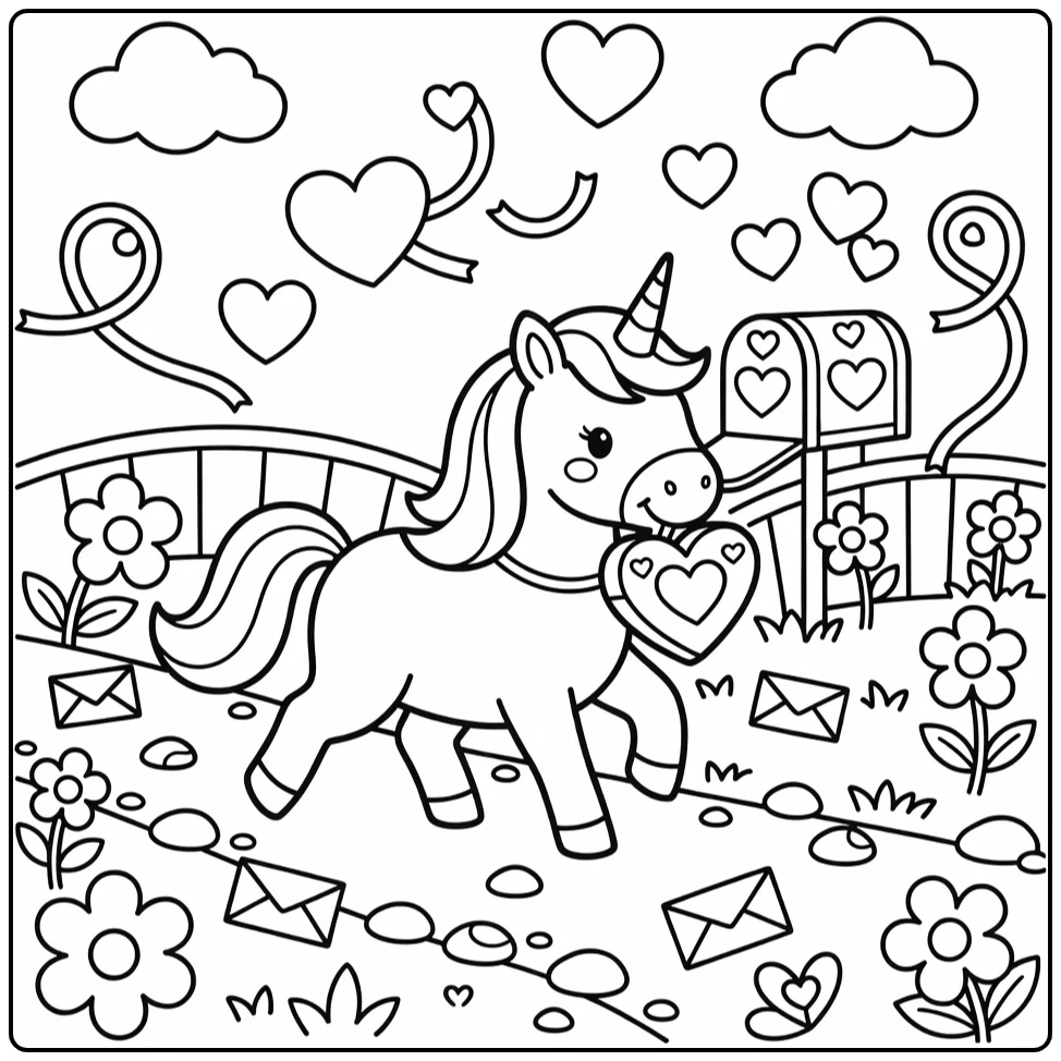 Unicorn valentines coloring page: playful unicorn with heart gift