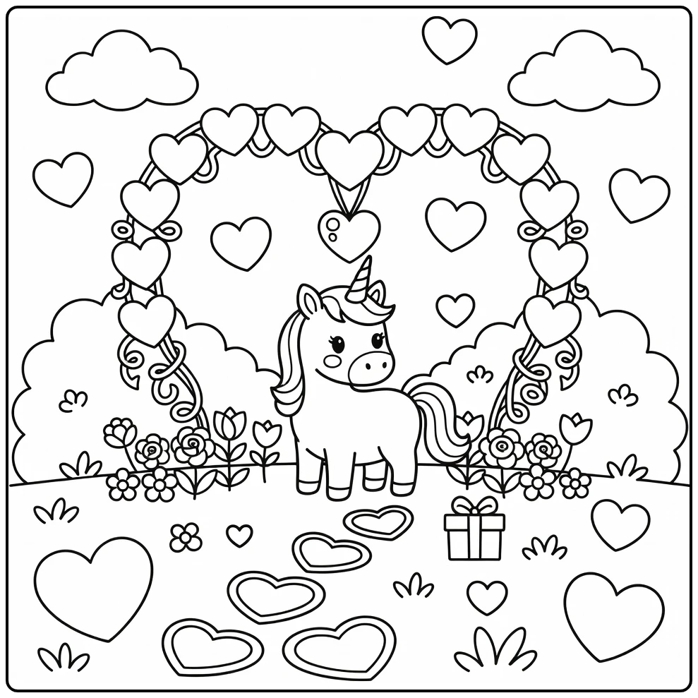 unicorn valentines coloring page: unicorn under heart garland