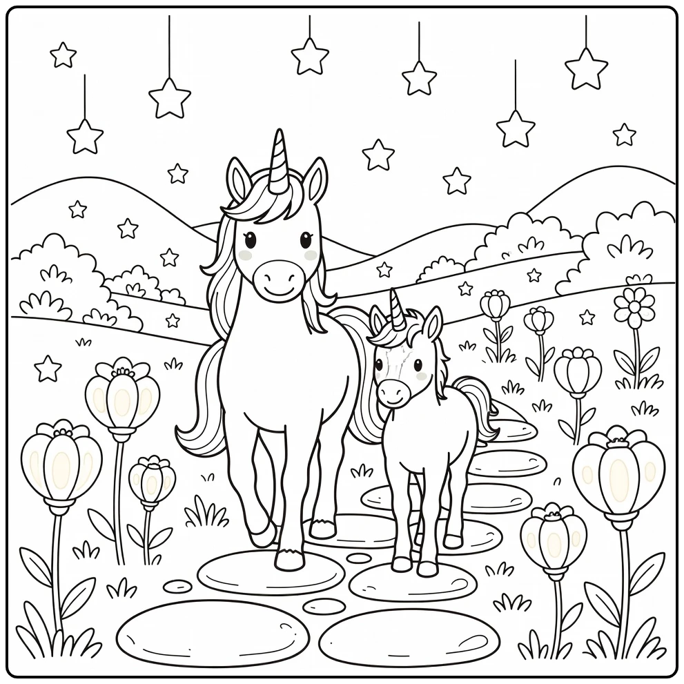 Unicorn and foal on lantern path, unicorn coloring pages