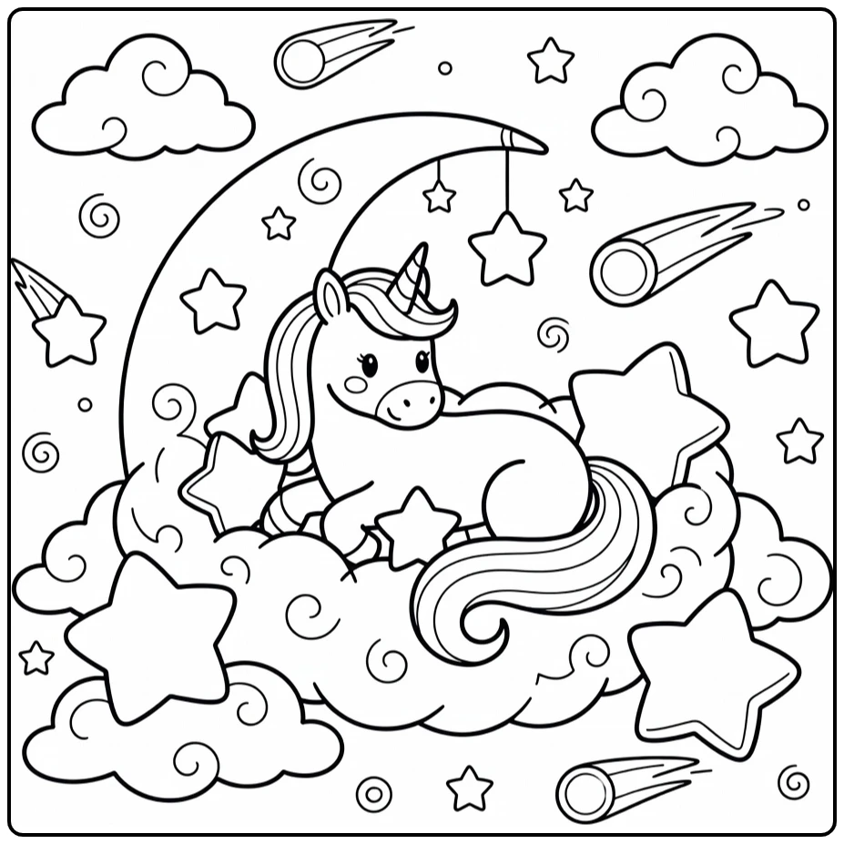 Unicorn with stars coloring page in cozy cloud nest scene