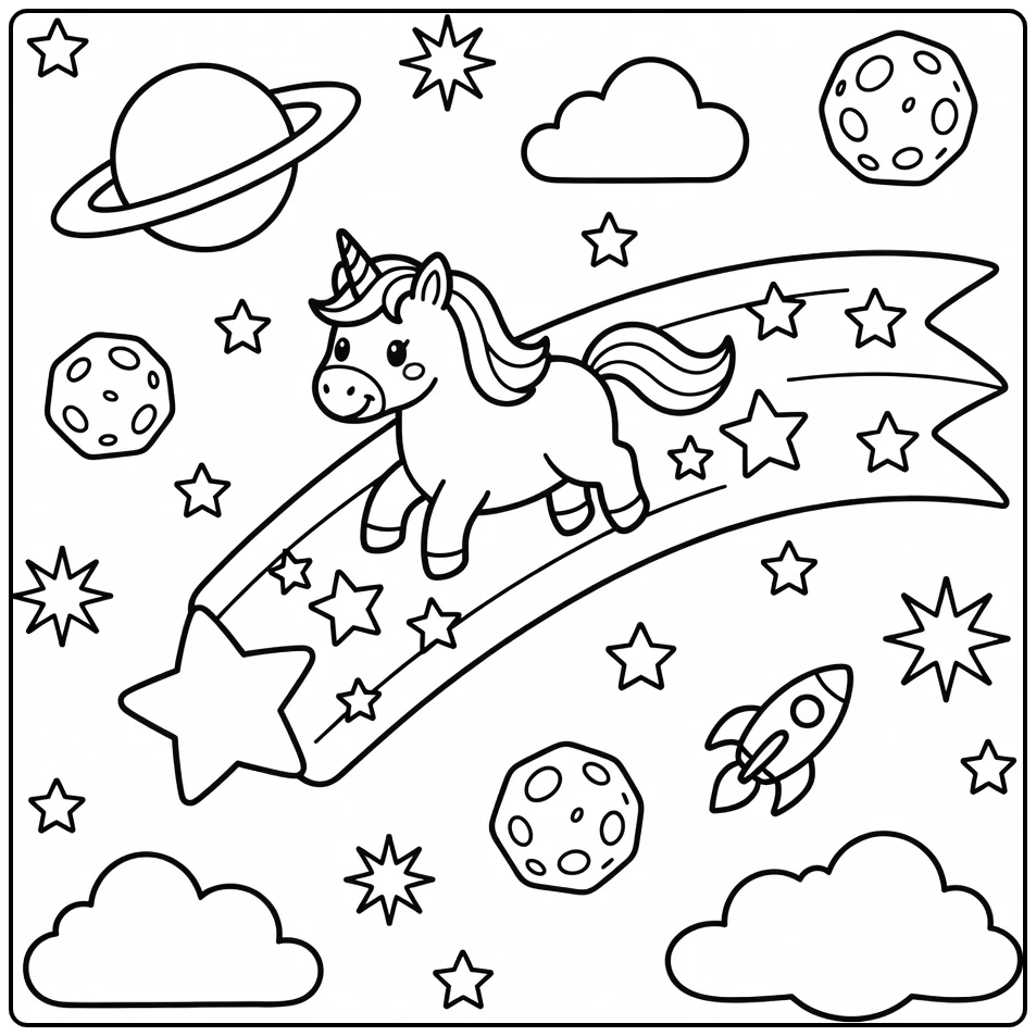 Unicorn with stars coloring page: sliding on comet tail slide
