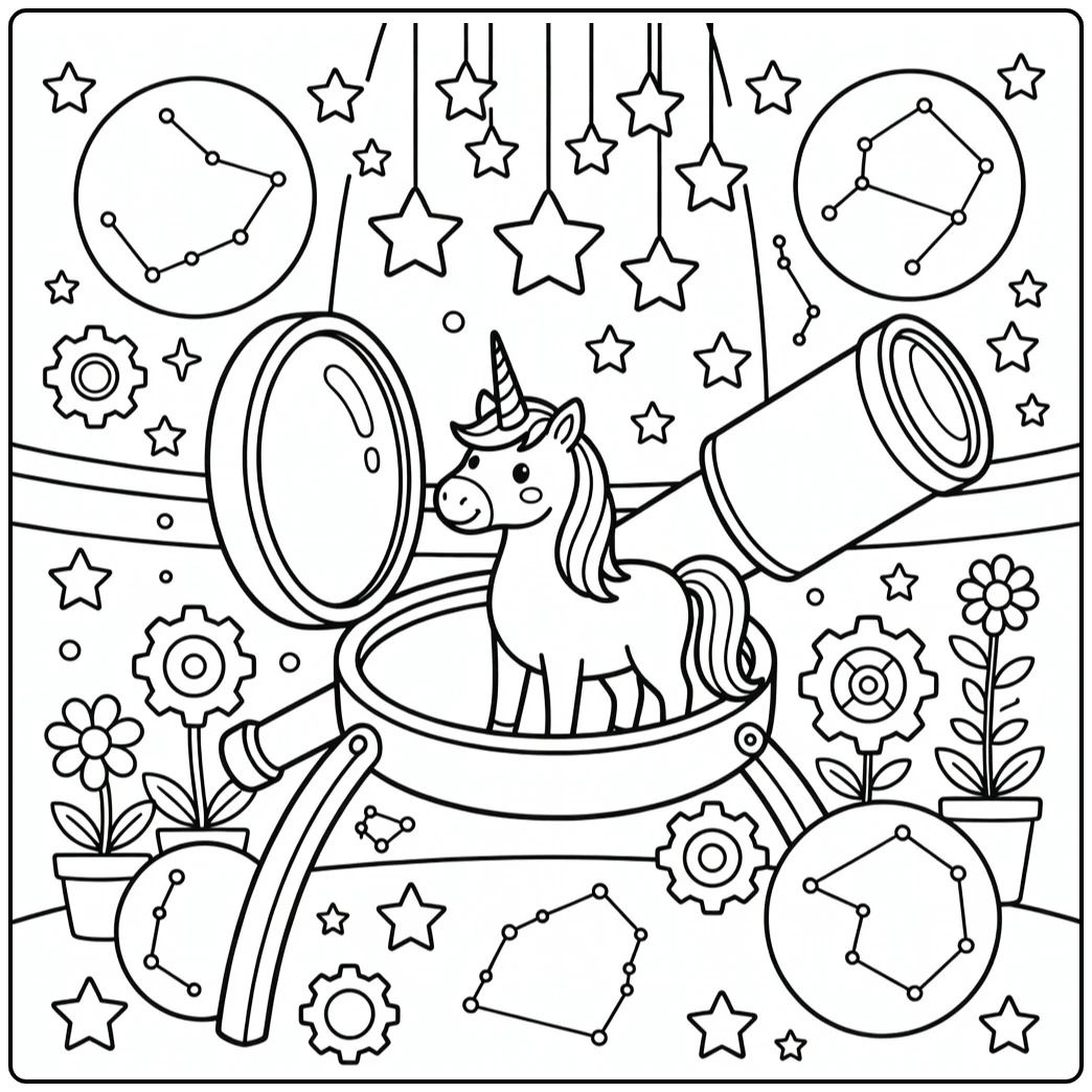 Unicorn with stars coloring page in magical telescope observatory