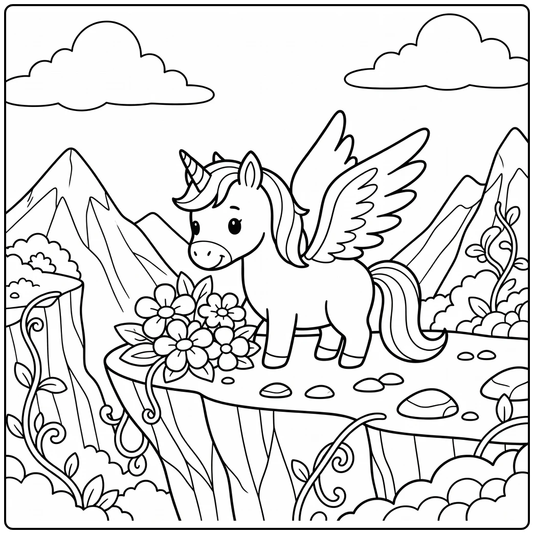 Unicorn with wings coloring pages perching on cliff inspecting flower nest