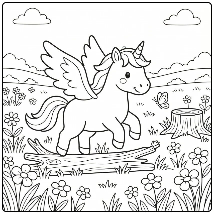 Unicorn with wings coloring pages: playful hop over log