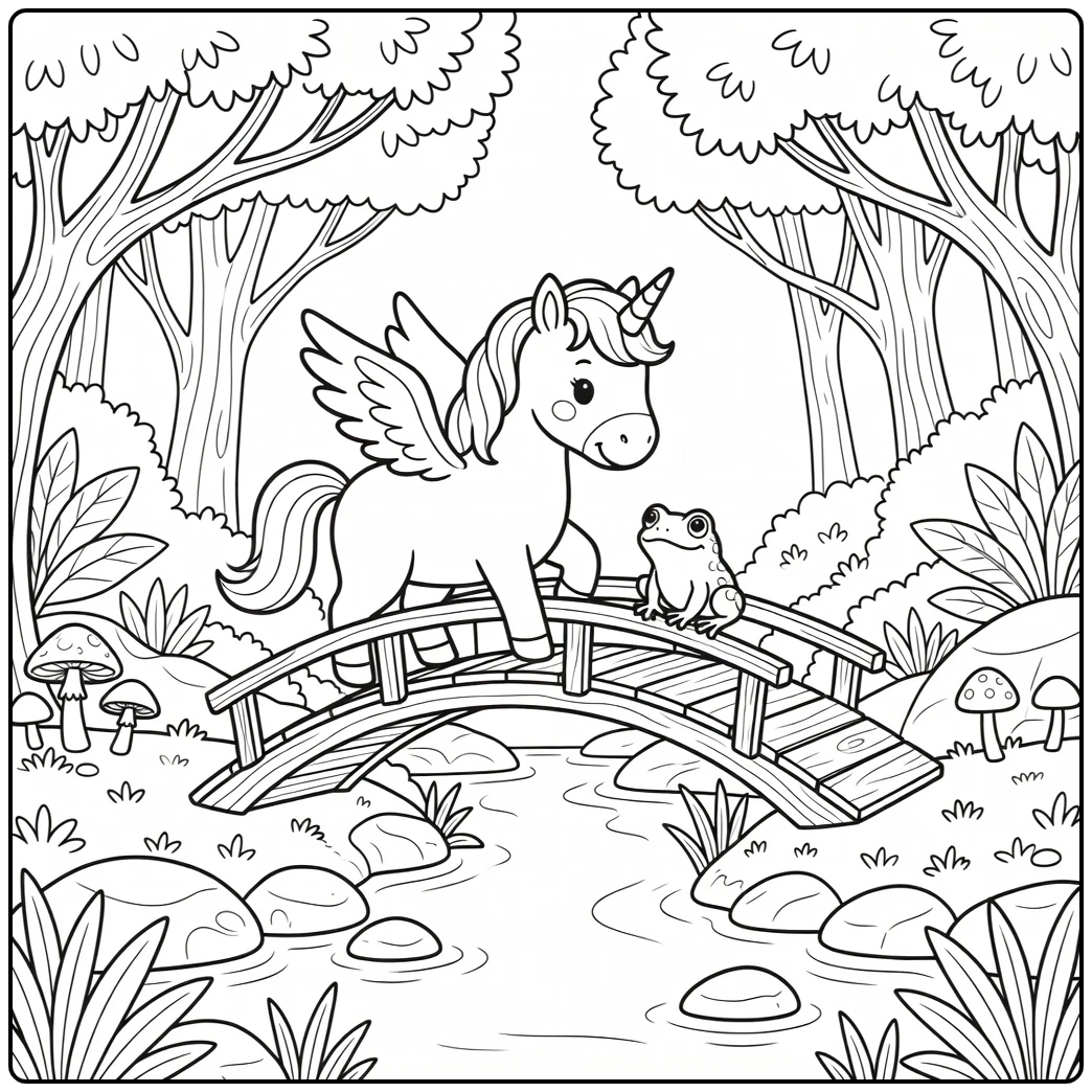 unicorn with wings coloring pages: frog on woodland bridge