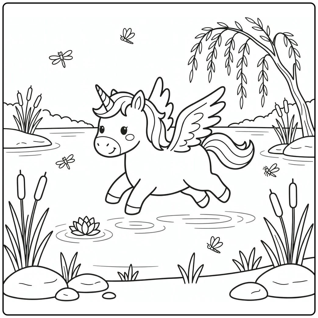 Winged unicorn glides over lake to lily: unicorn with wings coloring pages