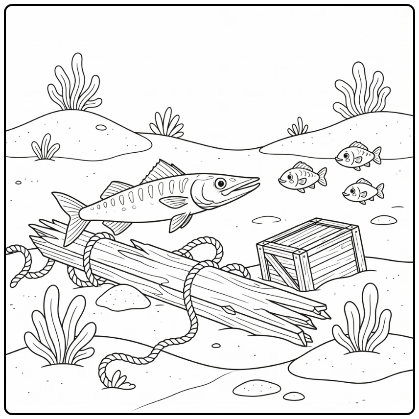 Barracuda eyes fish near ship plank sea animal coloring page