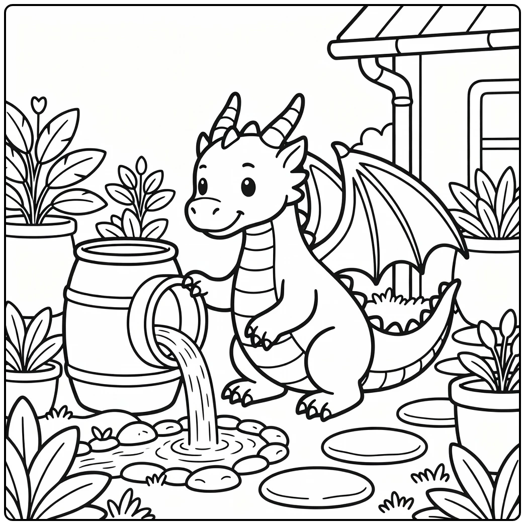 Water dragon coloring page tipping rain barrel in garden