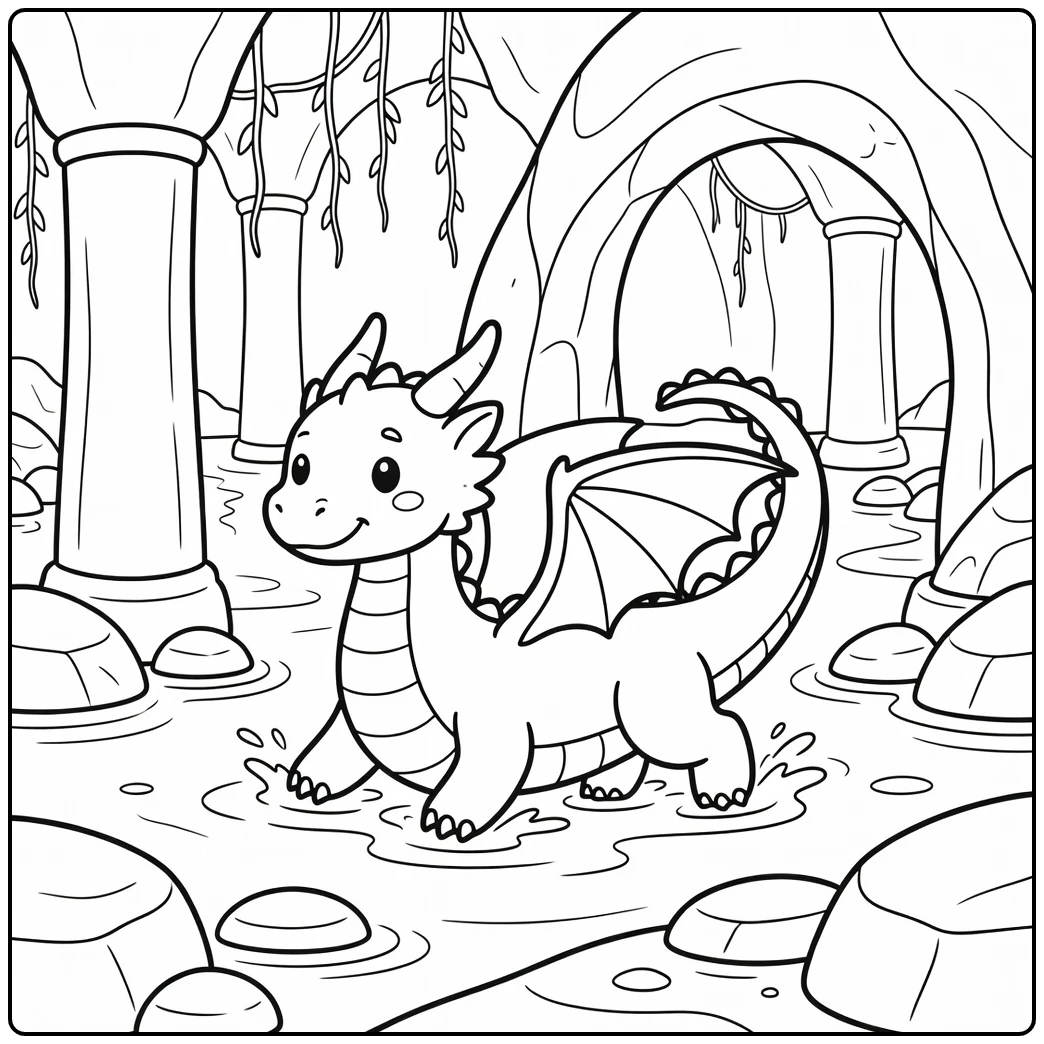 Water dragon coloring page: swimming through flooded cave spring