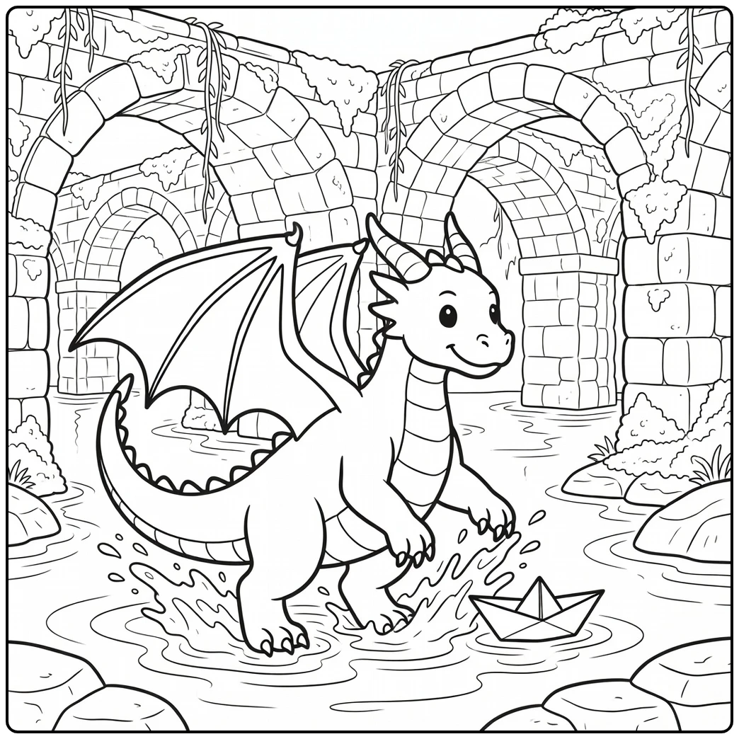 Water dragon coloring page splashing in aqueduct with boat