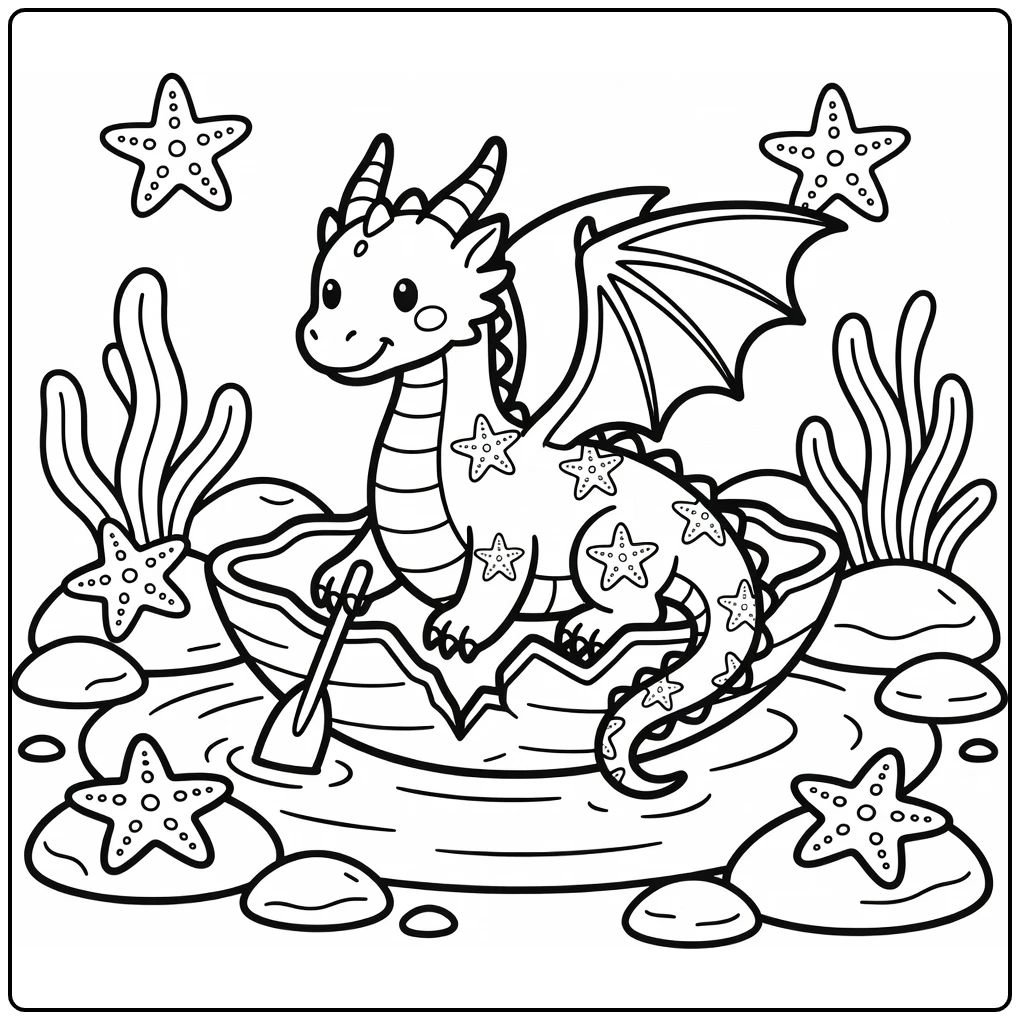 Water dragon coloring page: seashell boat tidepool paddle
