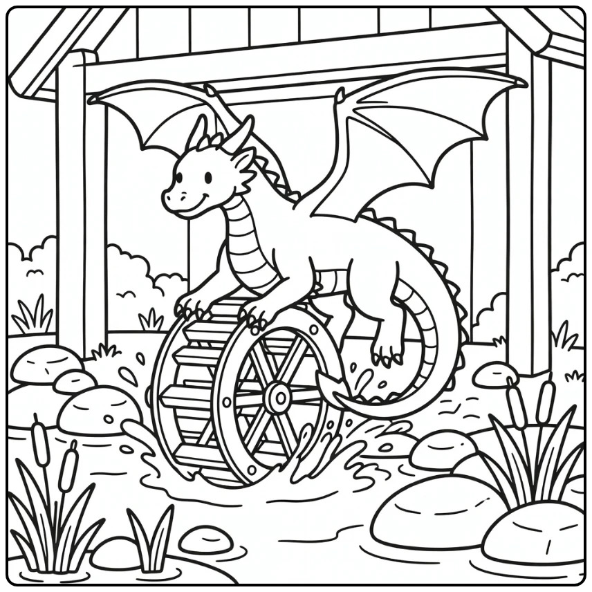Water dragon coloring page diving through riverside waterwheel