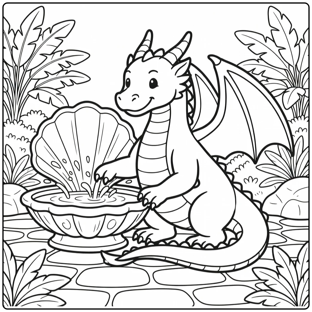 Water dragon coloring page: crouching by seashell fountain