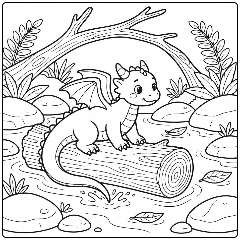 Water dragon coloring page: cute dragon climbs giant log in stream