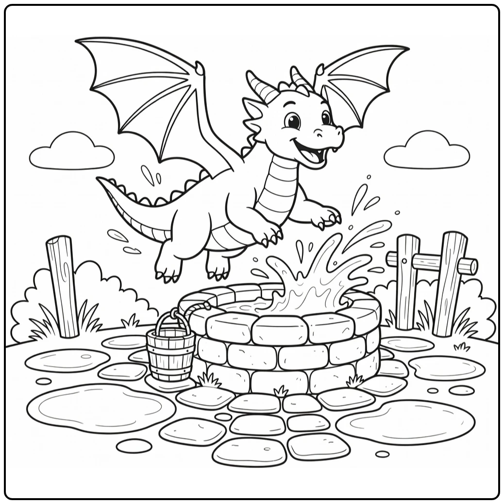 Playful water dragon leaping from well in water dragon coloring page