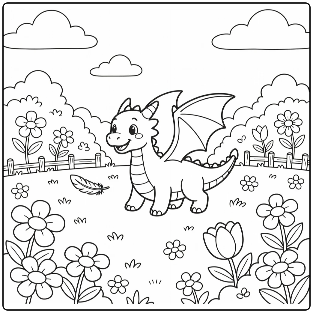 Playful dragon chases feather in meadow dragon coloring page