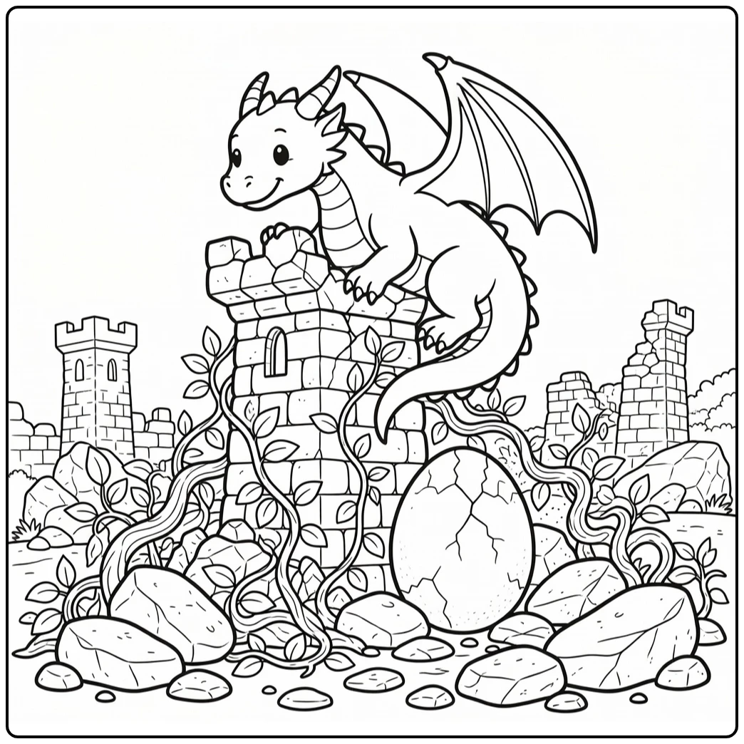 Dragon coloring page: curls around tower guarding cracked egg