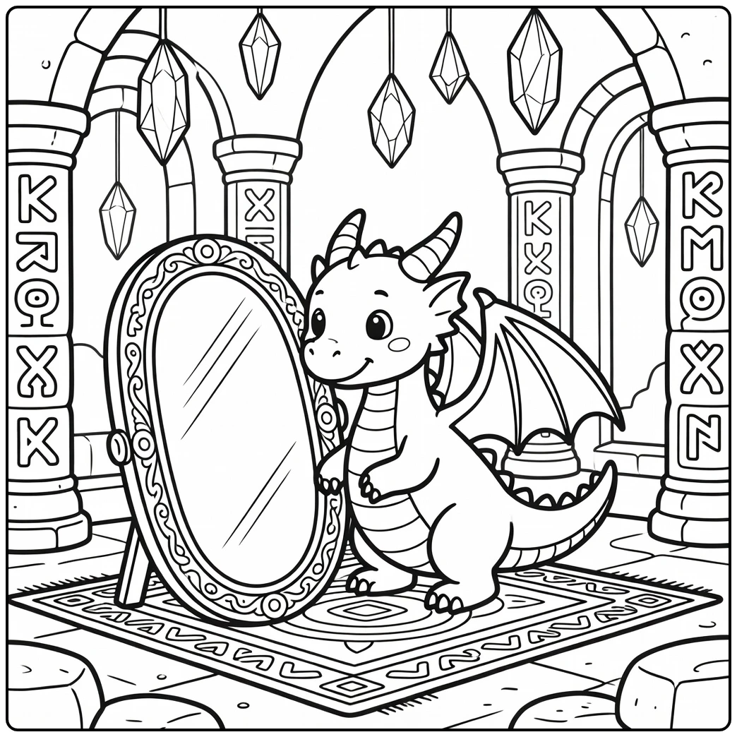 Cute dragon gazing into magic mirror in stone chamber, dragon coloring page