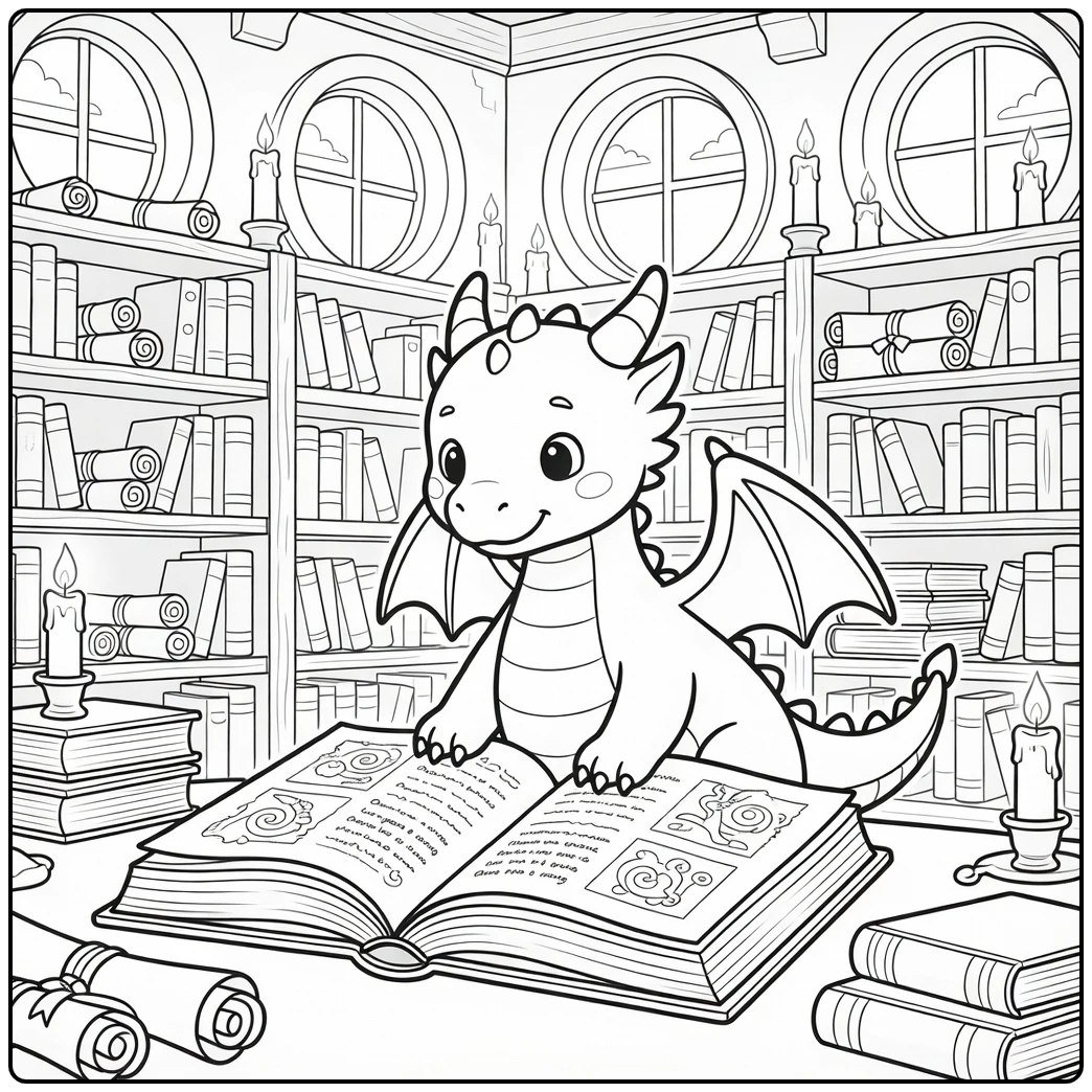 Cute dragon leaning over storybook in ancient library dragon coloring page