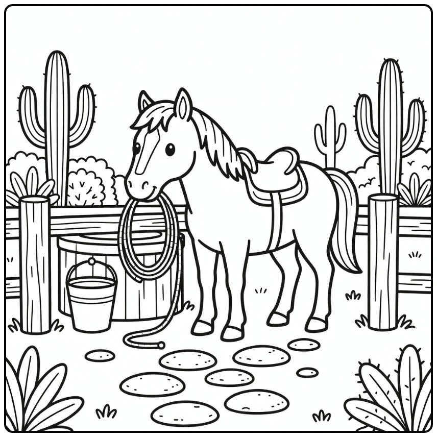 Western horse coloring page at ranch well with lasso