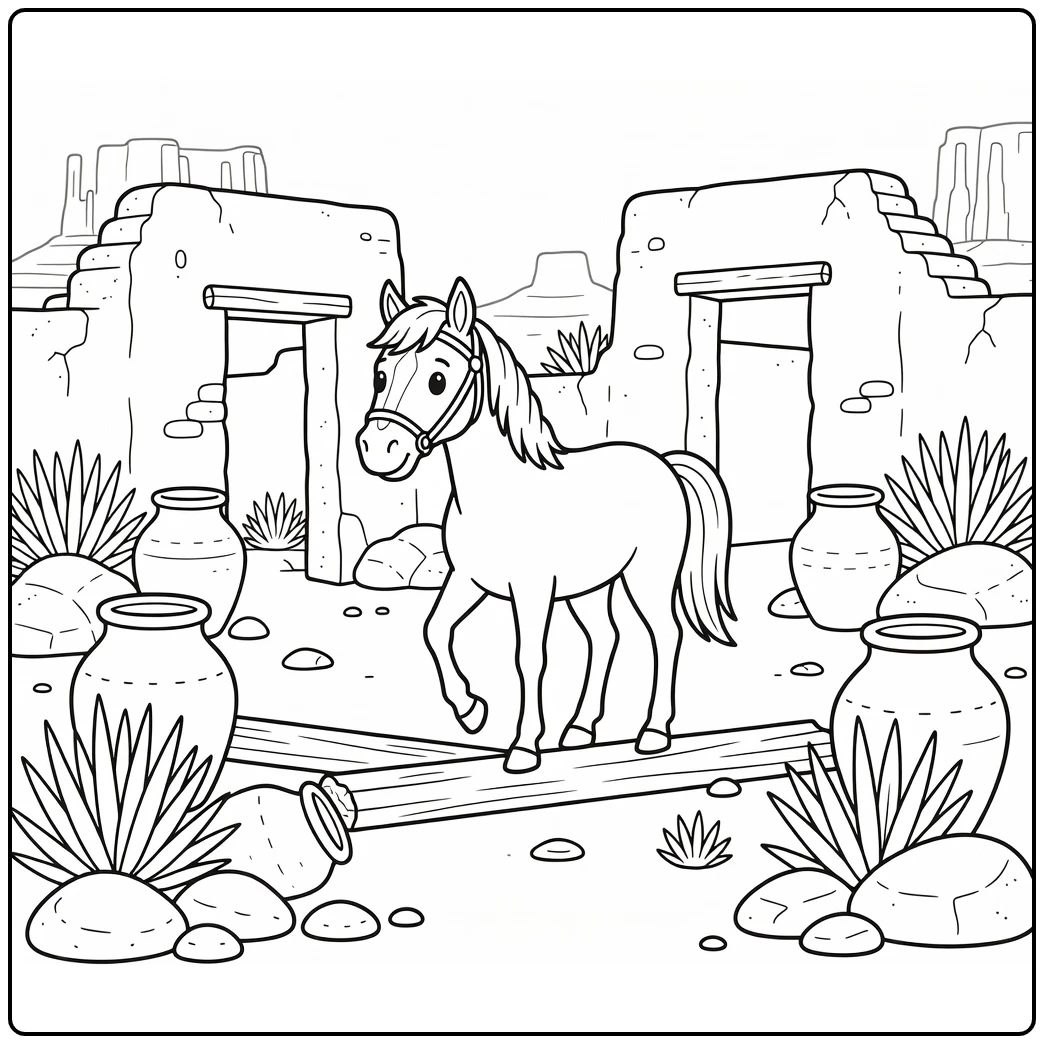 Western horse coloring page for adults at old adobe ruins