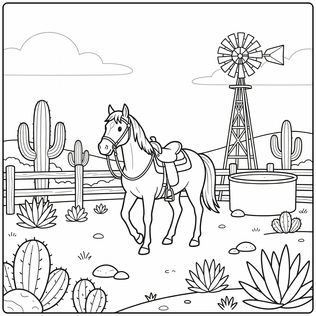 Western horse coloring page for adults near windmill