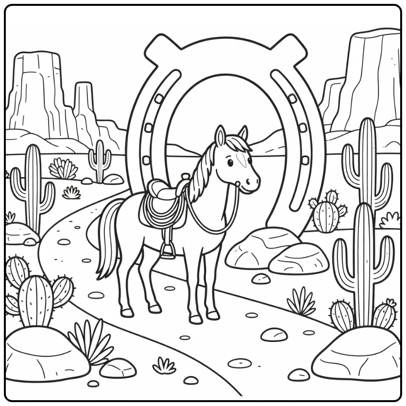 western horse coloring page for adults in serene desert scene