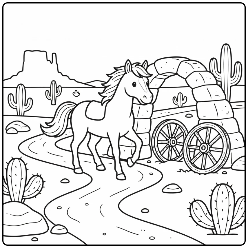 western horse coloring page crossing desert under stone arch