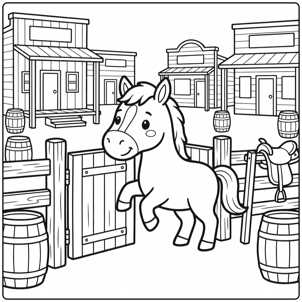 Western horse coloring page nudging open stable gate