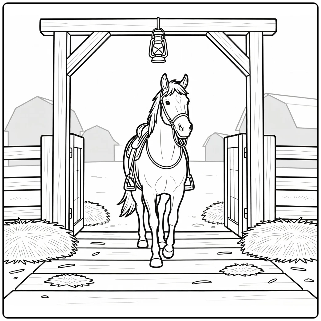 Western horse coloring page walking through ranch archway