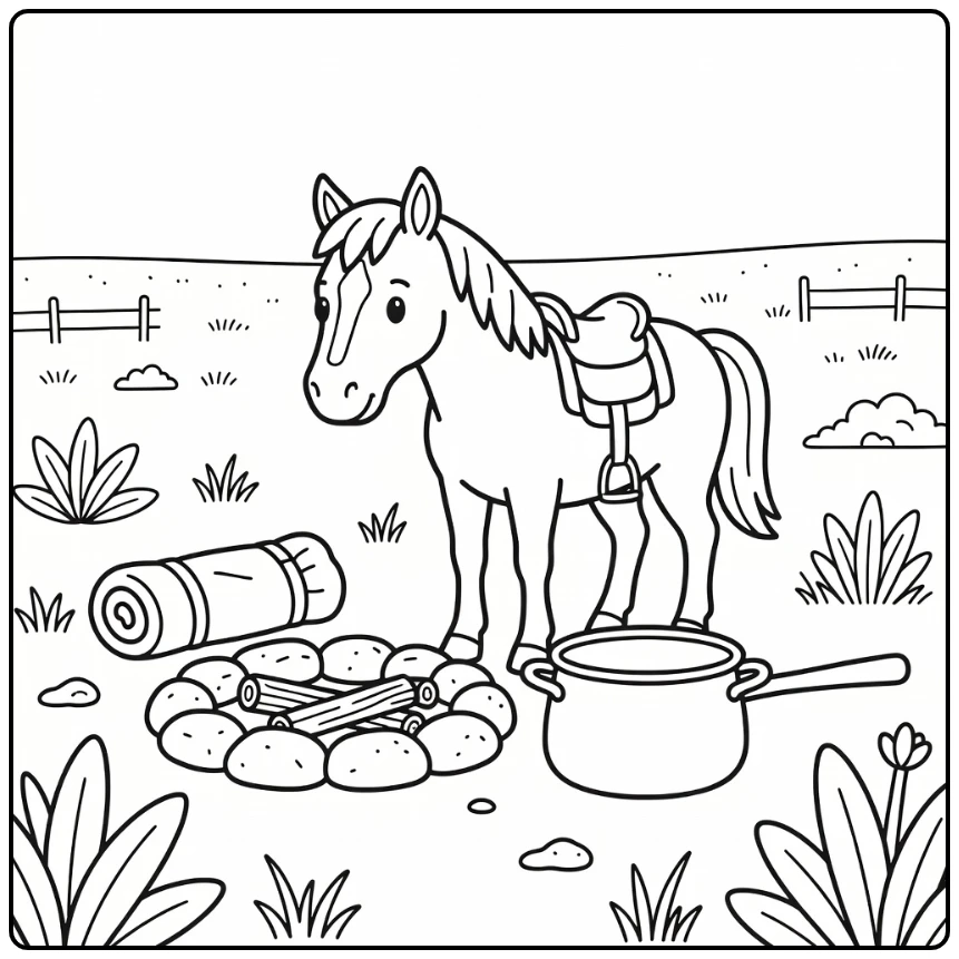 Western horse coloring page at quiet prairie trail camp