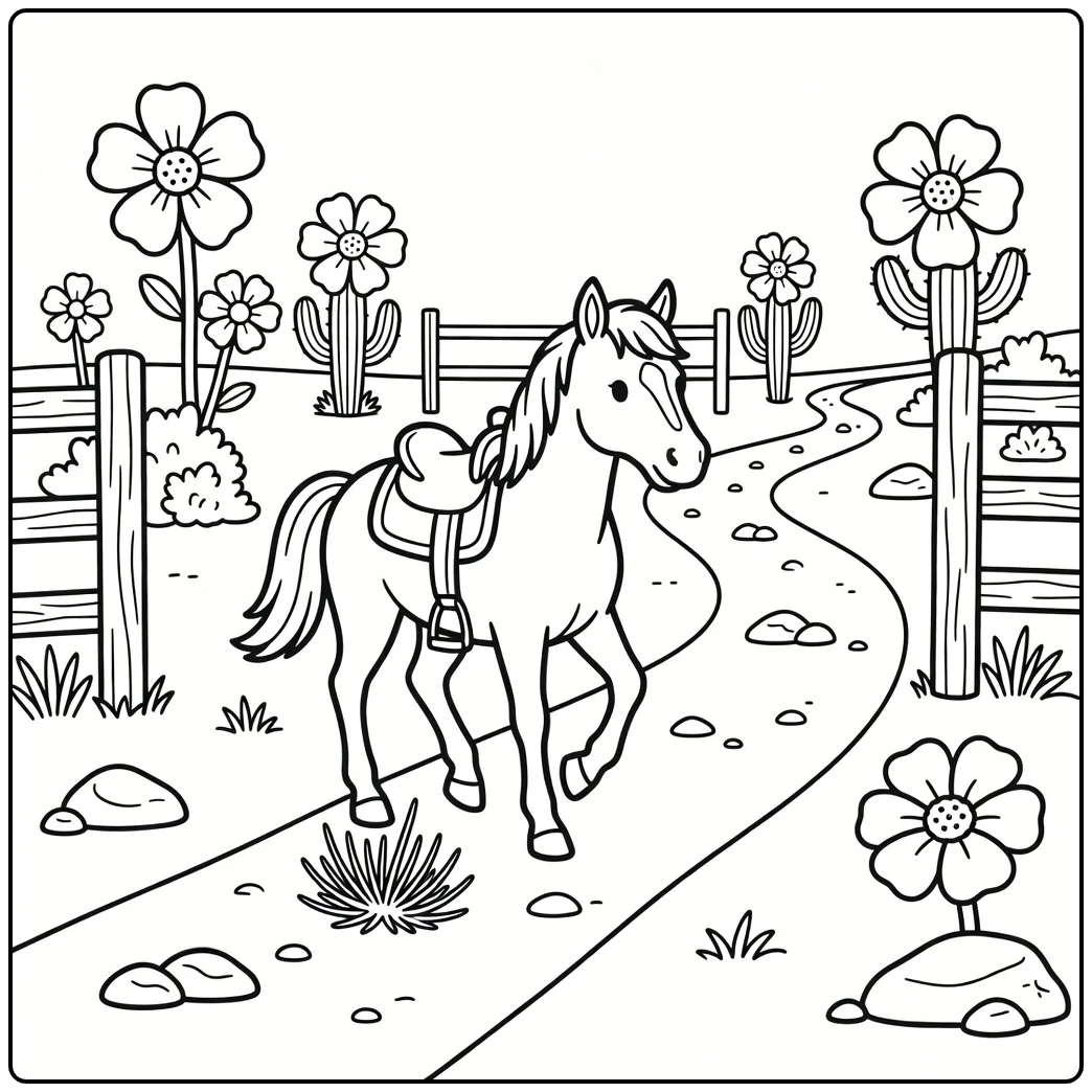 Western horse coloring page on ranch trail with tumbleweed