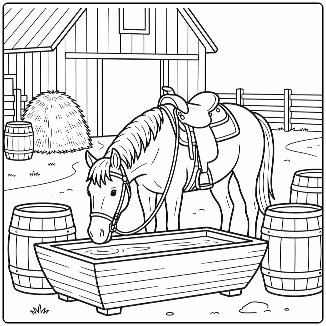 Western horse coloring page at ranch water trough