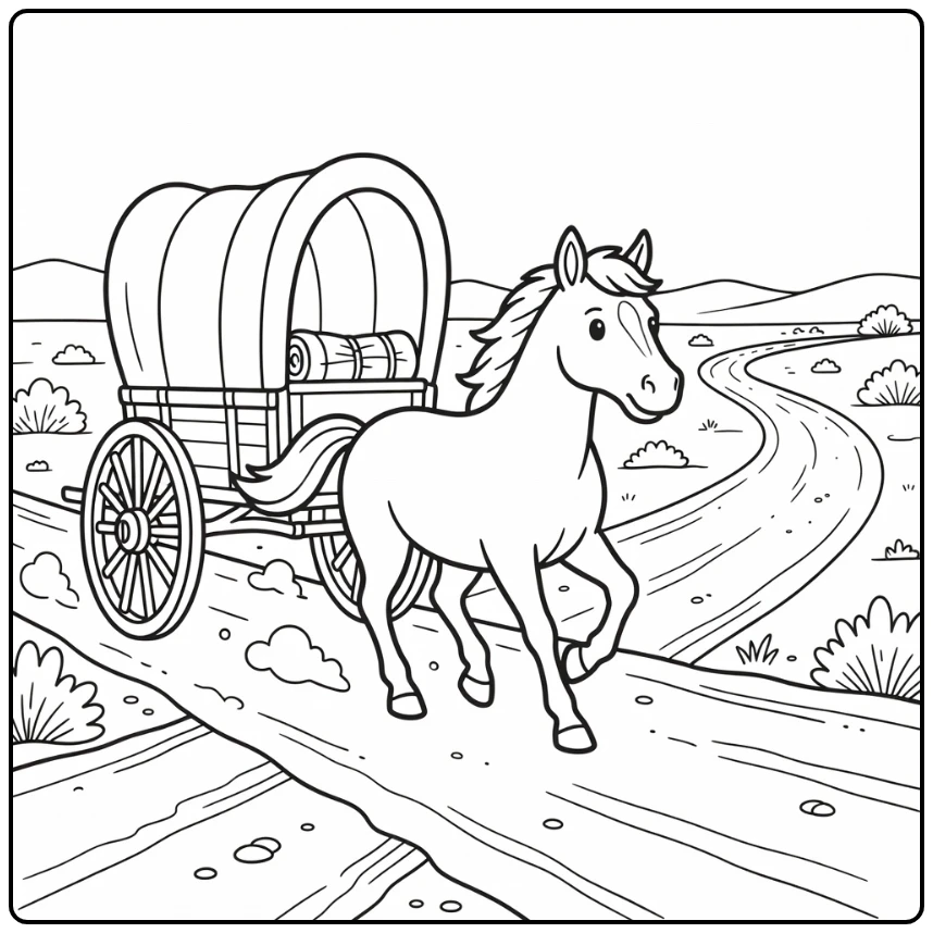 Western horse coloring page on dusty trail with wagon