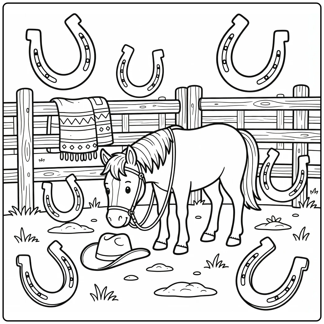 Western horse coloring page sniffing cowboy hat by fence
